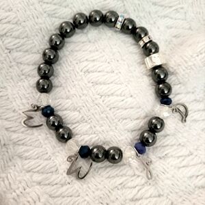 WWJD Handmade Hematite Silver and Blue Beaded Bracelet with white crysta…